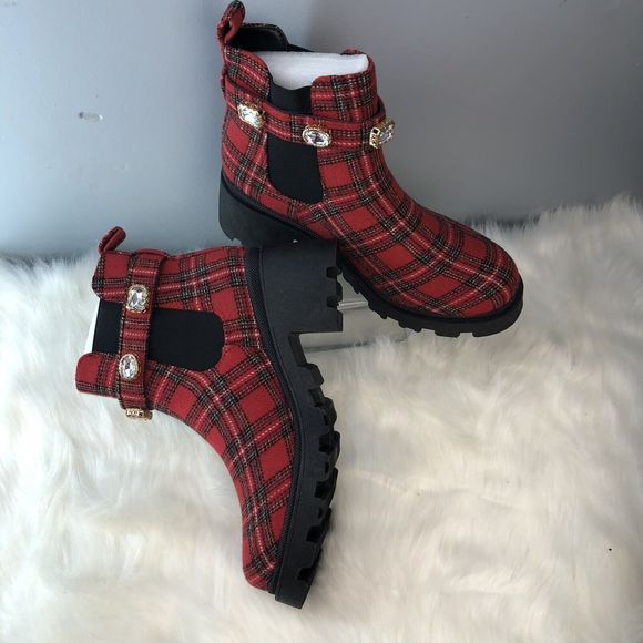 SUGAR-Favorite Red Black Plaid Rhinestone Chunky Heel Chelsea Ankle Boot - Picture 3 of 16